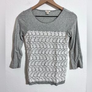 J. Crew lace crochet overlay 3/4 sleeve gray top, size XXS
